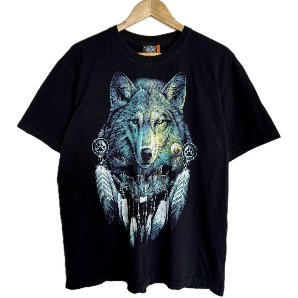 Vintage Graphic T-Shirt Men XL Black Blue Wolf Feather Double Side Single Stitch